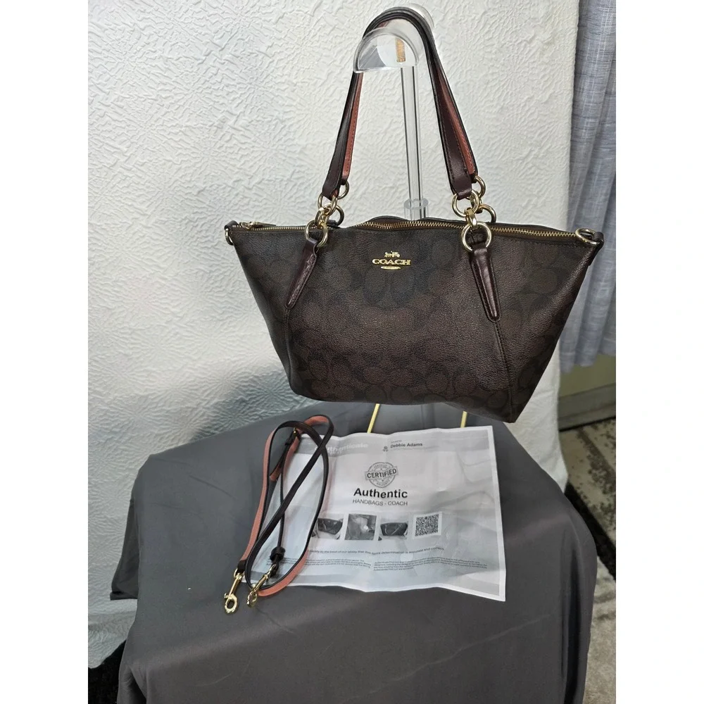 Coach Kelsey Satchel Mahogany Brown Signature Canvas Leather Handbag with COA